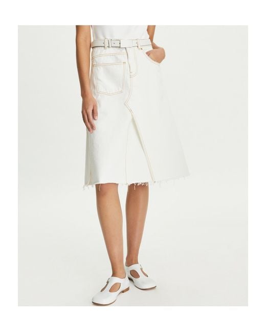 Tory Burch White Deconstructed Raw-Cut Hem Denim Skirt