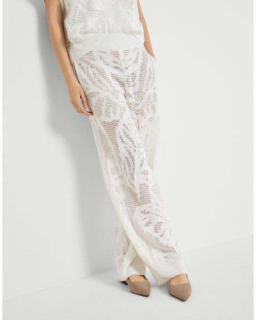 Brunello Cucinelli White Linen And Cotton Dazzling Water Lillies Knit Track Trousers