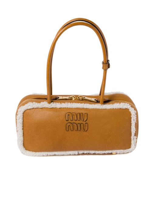 Miu Miu Brown Arcadie Shearling Top-Handle Bag