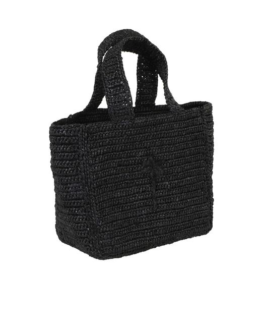 Manebí Black Palm-Tree Embroidered Raffia Tote Bag