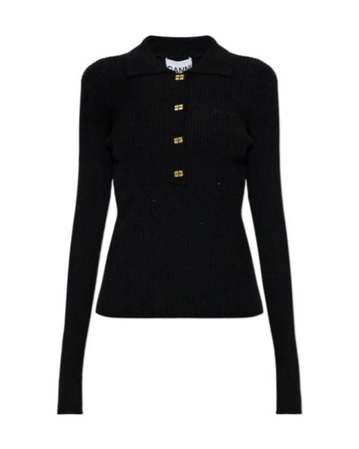 Ganni Black E Long-Sleeved Knitted Polo Top