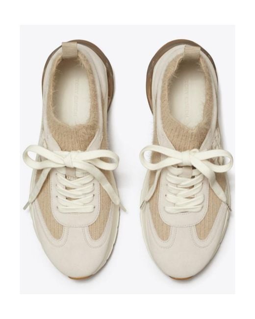 Tory Burch White Logo Patch Knitted Lace-Up Sneakers
