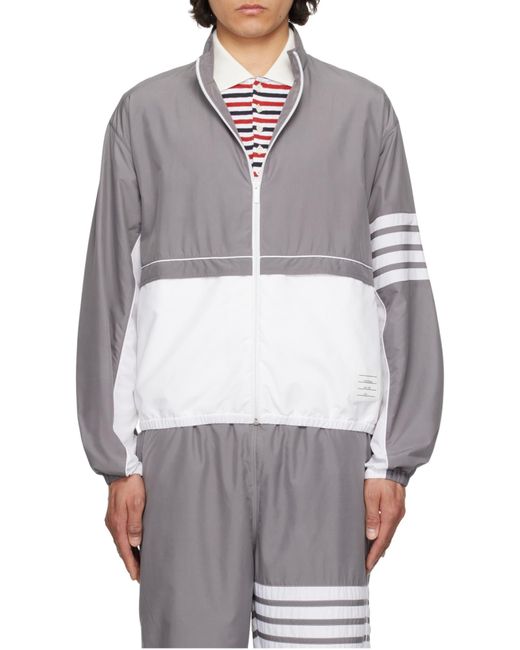 Thom Browne Gray Bar Stripe Detailed Zipped Windbreaker for men