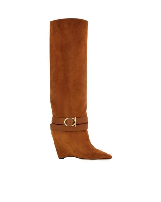 Ferragamo Brown Knee High Boot With Wedge Heel