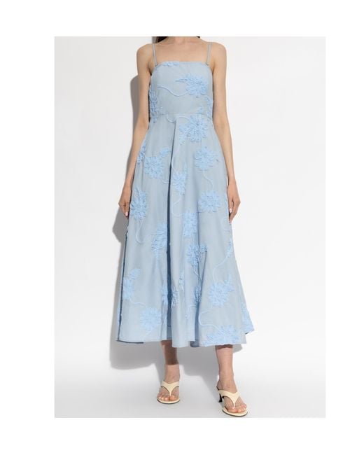 ROTATE BIRGER CHRISTENSEN Blue Floral Embroidered Midi Dress
