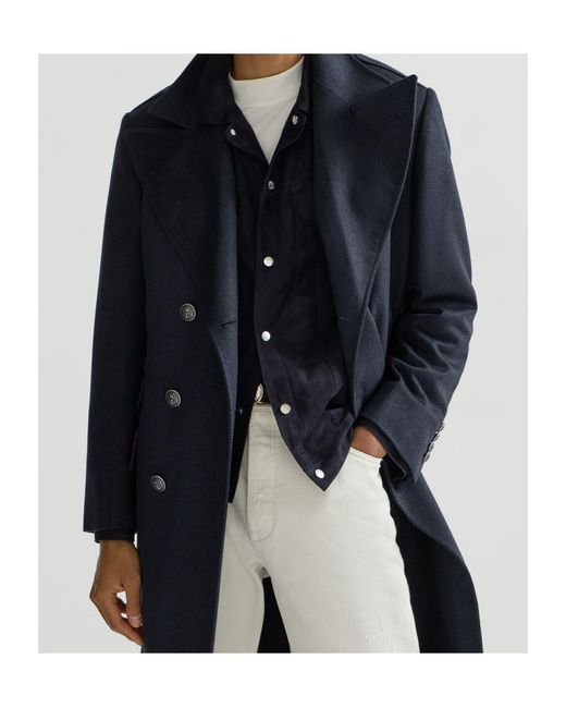 Brunello Cucinelli Blue Cashmere Chevron Flannel One-And-A Half Breasted Coat With Peak Lapels And Metal Buttons for men