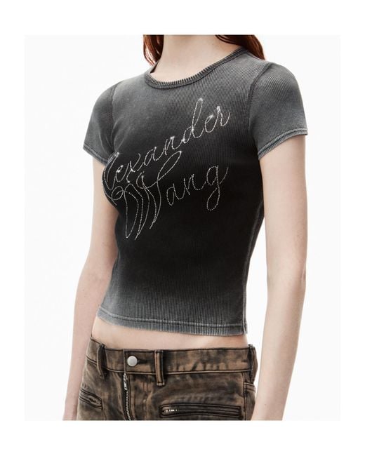 Alexander Wang Gray Hotfix Cursive-Logo Crewneck T-Shirt