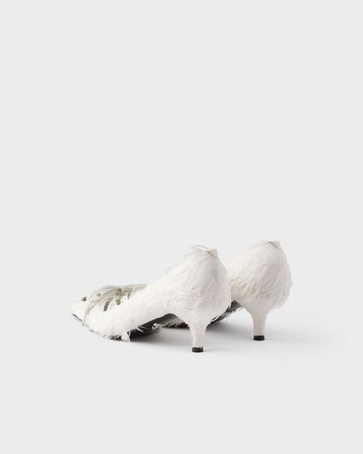 Prada White Feather-Embellished Satin Pumps