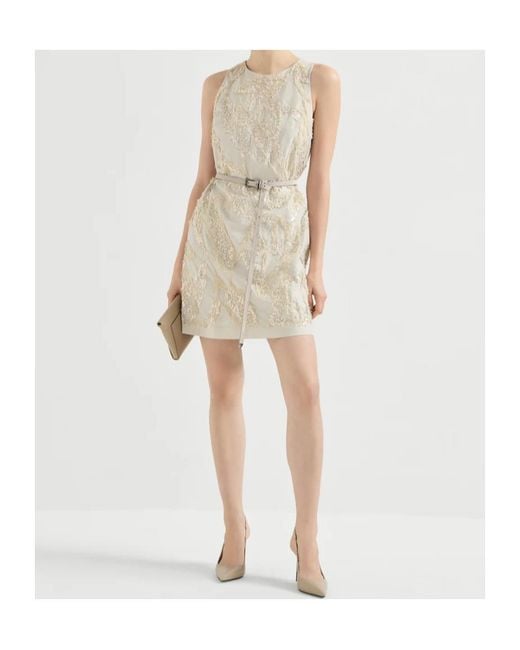 Brunello Cucinelli Natural Techno Cotton Poplin Mini Dress With Dazzling Seabed Embroidery