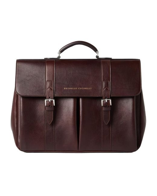 Brunello Cucinelli Brown Double-Buckle Leather Briefcase for men