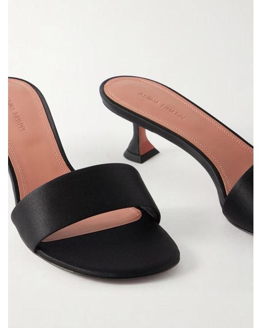 AMINA MUADDI Black Satin Square-Toe Kitten-Heel Mules