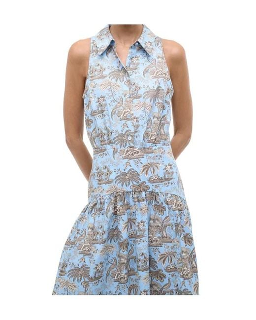 Staud Blue Floral Printed Romy Midi Dress