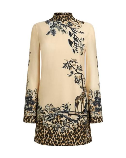 Etro Natural Envers Satin Mini Dress With Front Print And Leopard Motif