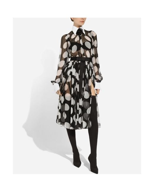 Dolce & Gabbana Black Polka-Dot Chiffon Calf-Length Dress