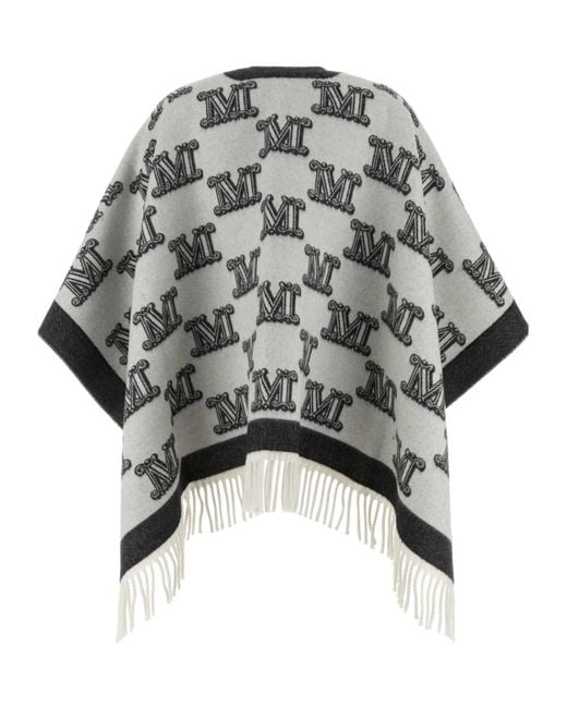 Max Mara Gray Studio All-Over Logo Patterned Fringed Cape