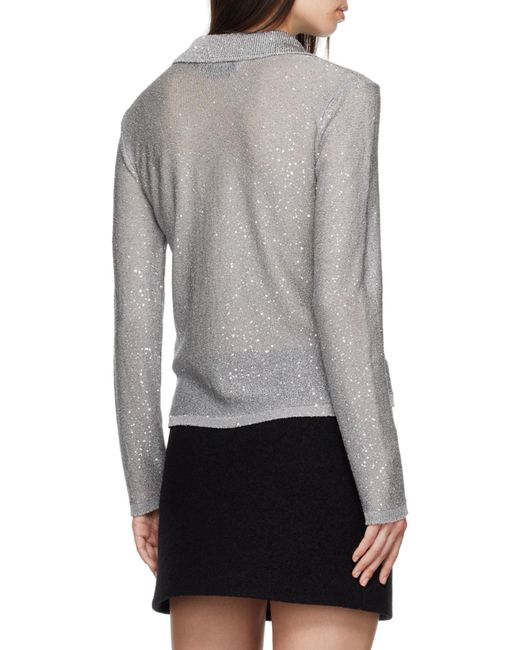 MSGM Gray Long Sleeved Sequin Embellished Knit Polo Top