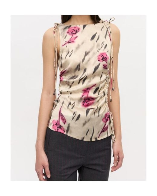 Ganni White Graphic Printed Stretch Satin Gathered Top