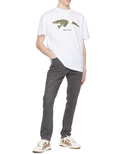 Palm Angels Gray Crocodile-Print Cotton T-Shirt for men