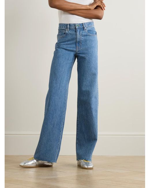 SLVRLAKE Denim Blue Grace Frayed Mid-Rise Wide-Leg Jeans