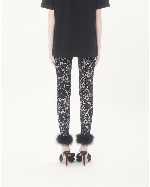 Valentino Black Lace Leggings With Feathers