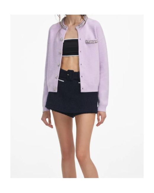 Self-Portrait Multicolor Pearl Trim Ribbed Knit Cardigan