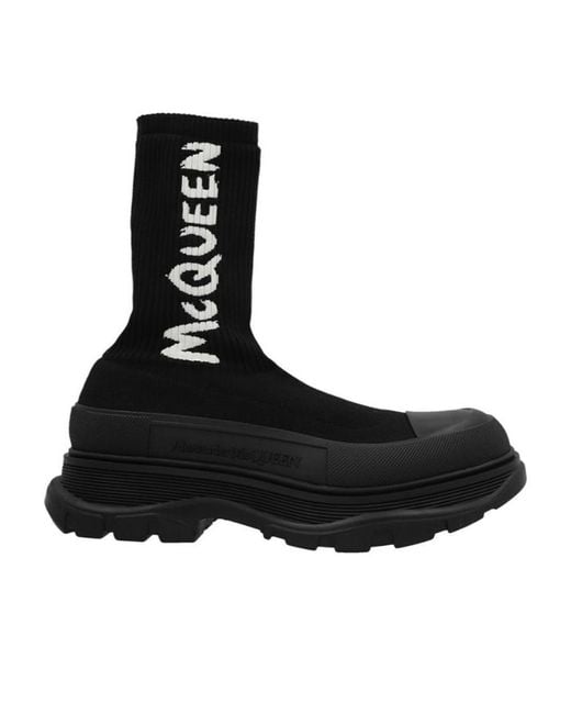 McQueen Black Tread Slick Logo Intarsia Boots for men