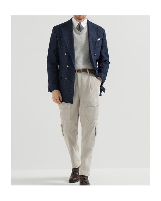 Brunello Cucinelli White Cotton Textured Striped Chevron Shirt With Button-Down Collar for men