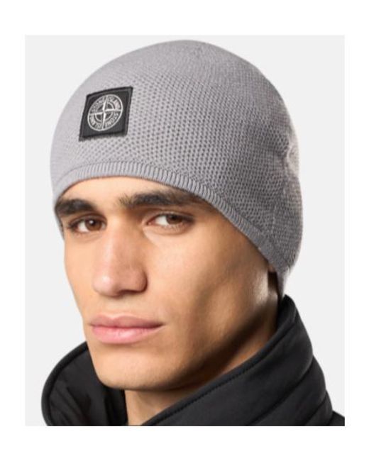 Stone Island Gray Beanie With Compass Patch And Ribbed Trim