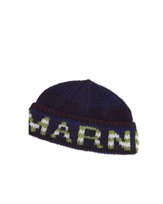 Marni Blue Mouliné Beanie With Striped Logo for men