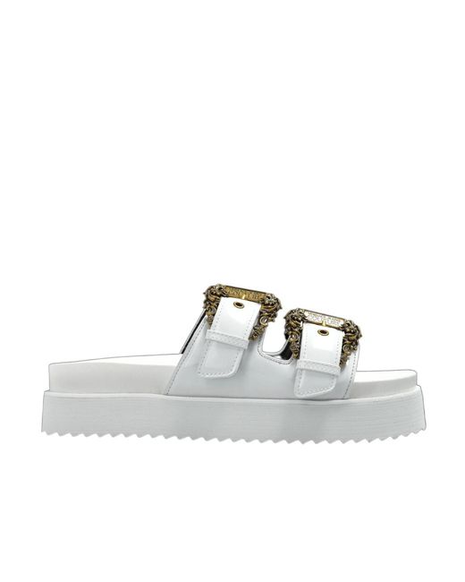 Versace Jeans White Couture Double Baroque-Buckle Platform Slides