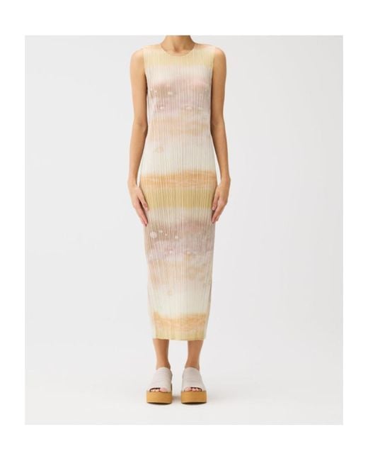 Pleats Please Issey Miyake Natural Pleated Abstract-Print Midi Dress