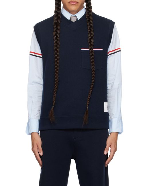 Thom Browne Blue V-Neck Knitted Vest for men