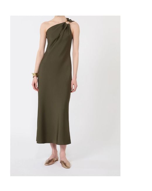 Max Mara Green Shiny Satin One-Shoulder Dress