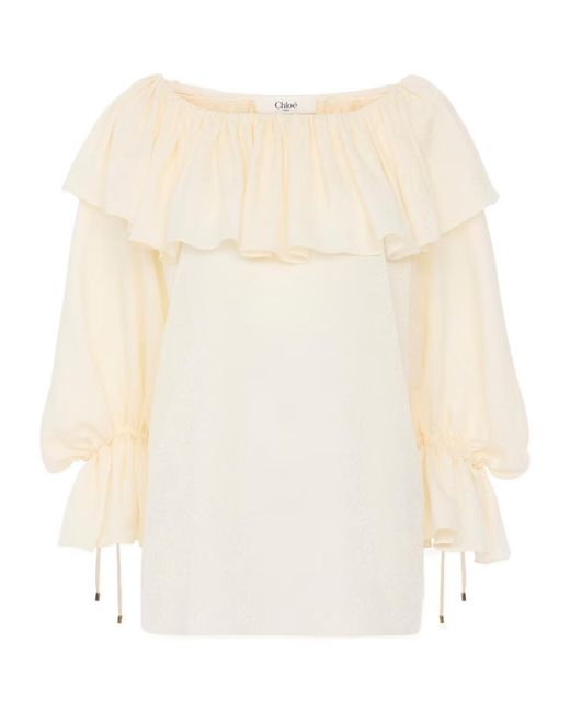 Chloé White Chloé Ruffled Long-Sleeve Blouse
