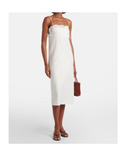 Posse White Darya Embroidered Linen And Cotton Midi Dress