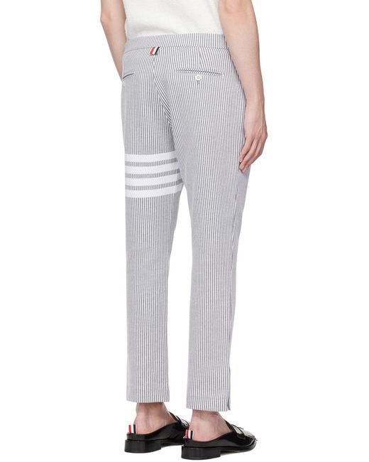 Thom Browne Gray 4-Bar Seersucker Tailored Trousers for men