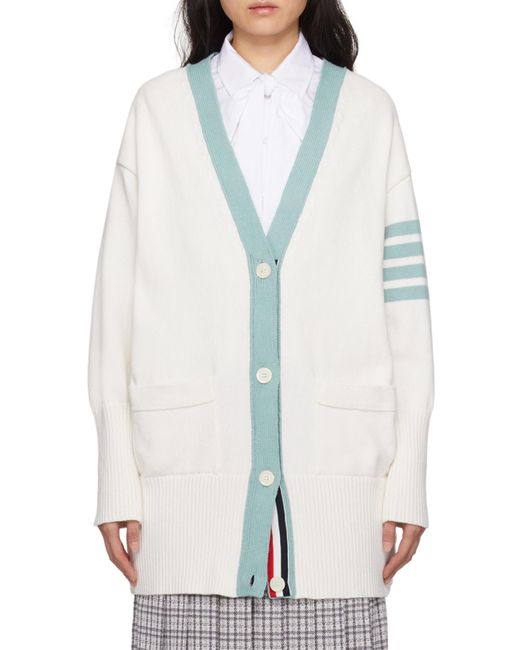 Thom Browne White 4-Bar Oversized V-Neck Cardigan