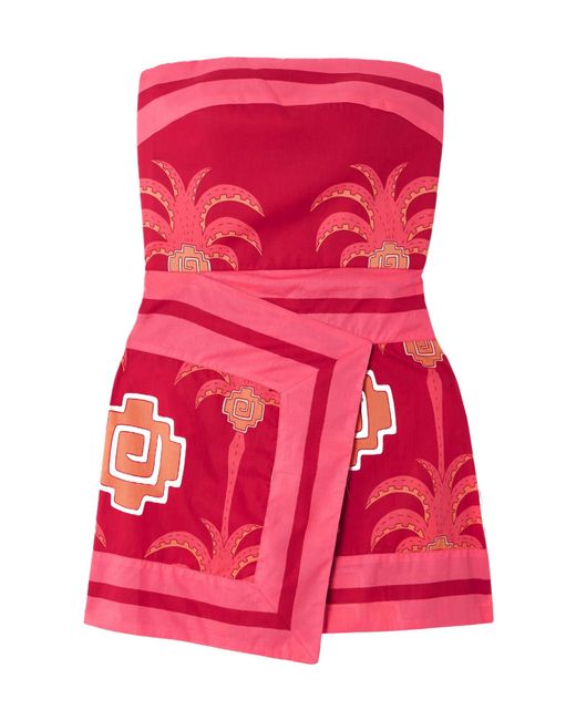 Johanna Ortiz Red Strapless Wrapeffect Printed Cottonpoplin Mini Dress