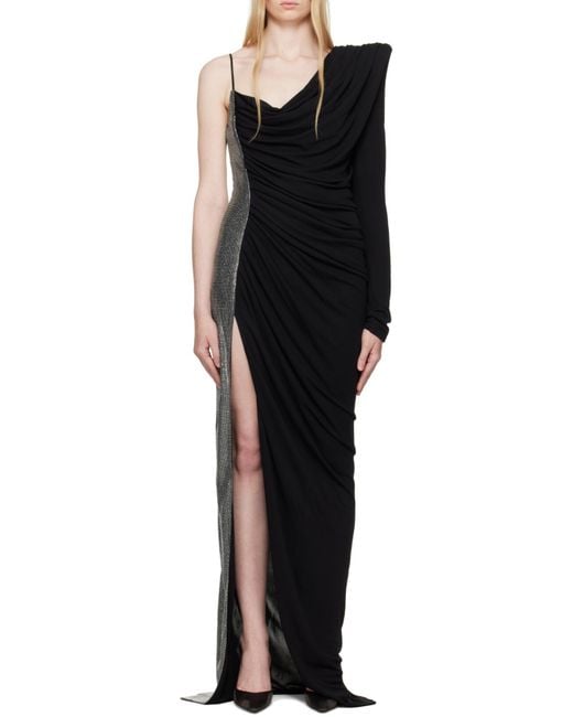 Balmain Black Draped Asymmetrical Two-Material Dress