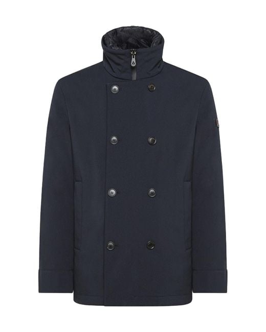 Peuterey Blue Detachable-Bib Double-Breasted Coat for men