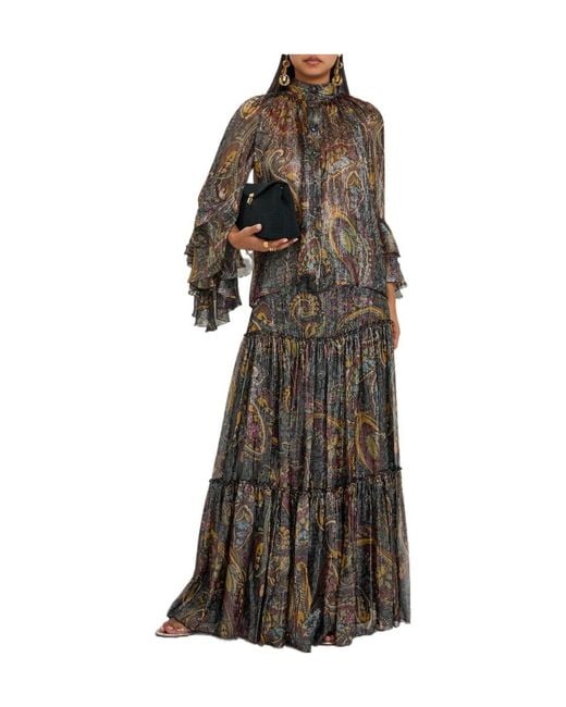 Etro Multicolor Printed Tiered Metallic Silk Midi Skirt