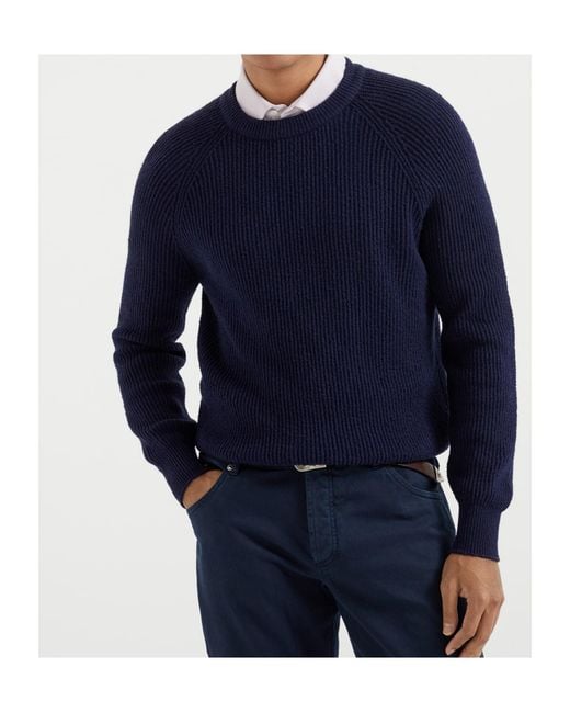 Brunello Cucinelli Blue Crewneck Ribbed-Knit Jumper for men
