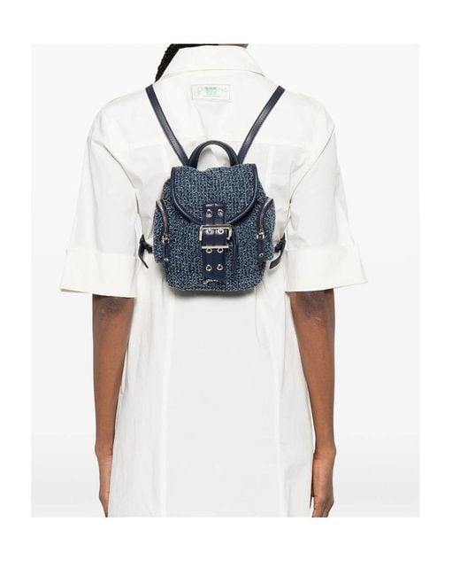 Ganni Blue Buckle Fastened Drawstring Backpack