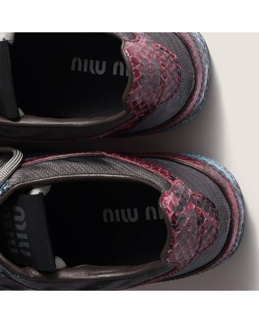 Miu Miu Blue Gymnasium Technical Fabric And Python-Print Ayers Leather Sneakers