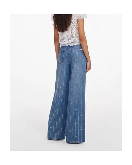 Self-Portrait Blue Rhinestone-Embellished Bow-Print Jeans