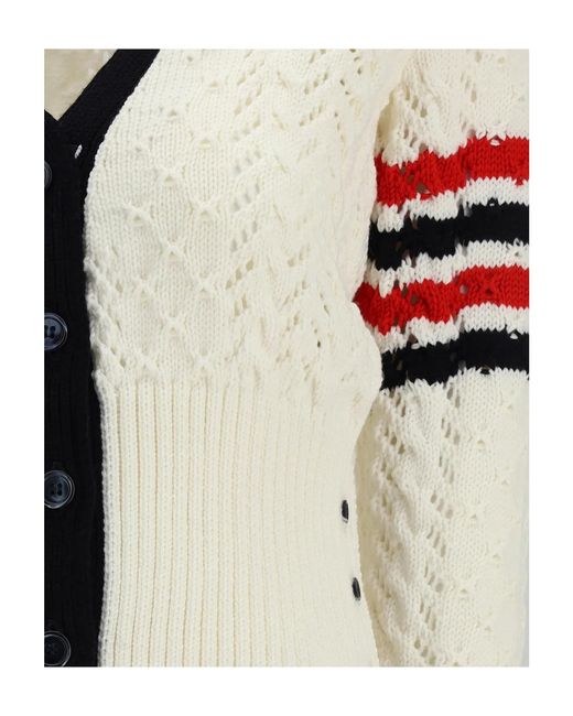 Thom Browne White Cable Pointelle Stitch 4-Bar Cardigan