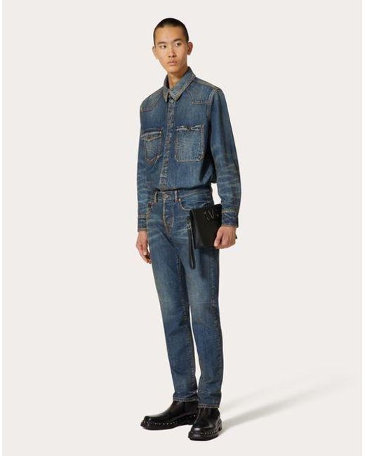 Valentino Blue V-Logo Buttoned Denim Jacket for men