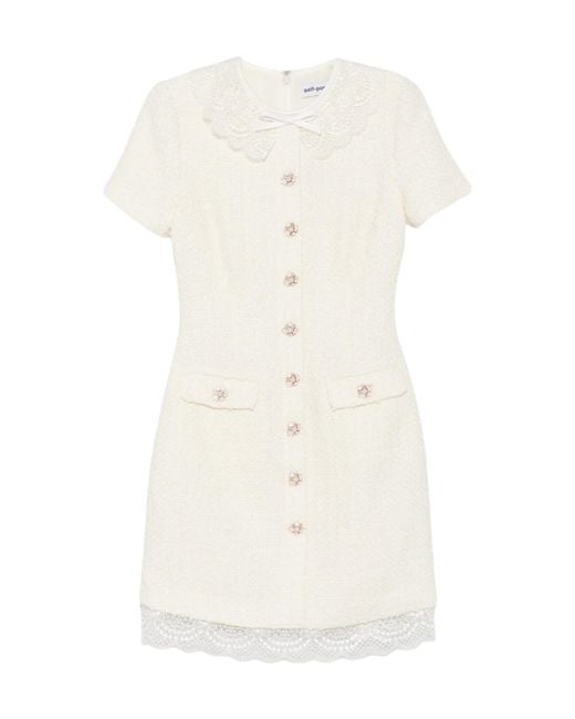 Self-Portrait White Cream Bouclé Lace-Trim Tailored Mini Dress