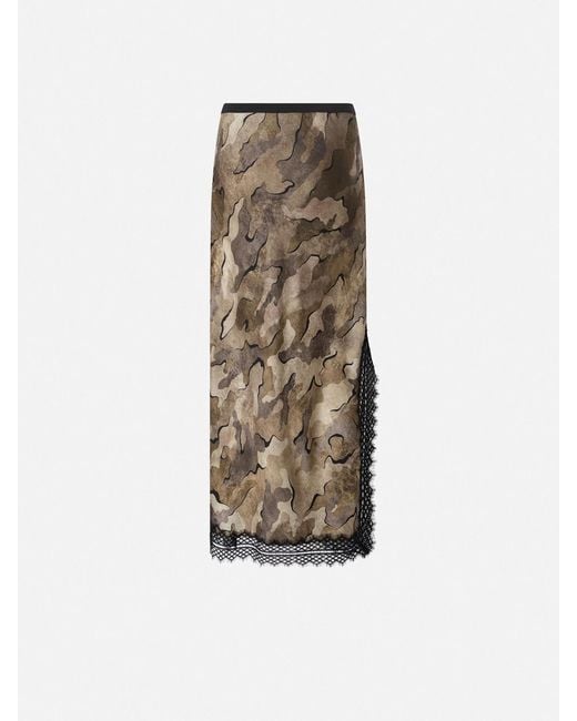 Pinko Natural Camouflage-Print Lace-Trim Midi Skirt