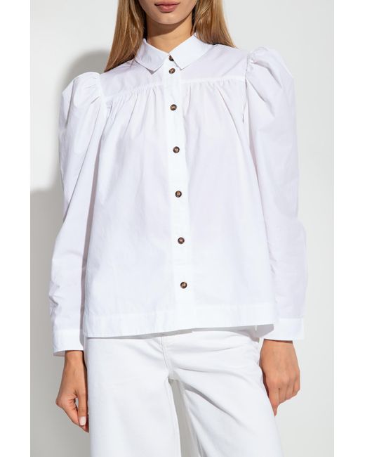 Ganni Blue Puff-Sleeved Poplin Shirt
